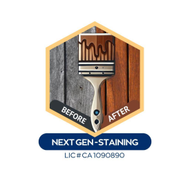 Before-and-after wood staining illustration. A brush applies stain to a wooden surface, transforming it from gray to brown.