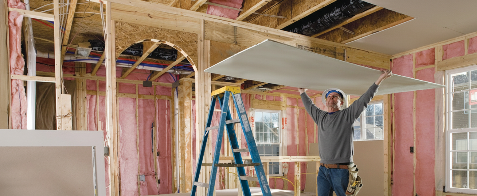 A person holding drywall over their head inside a house under construction.