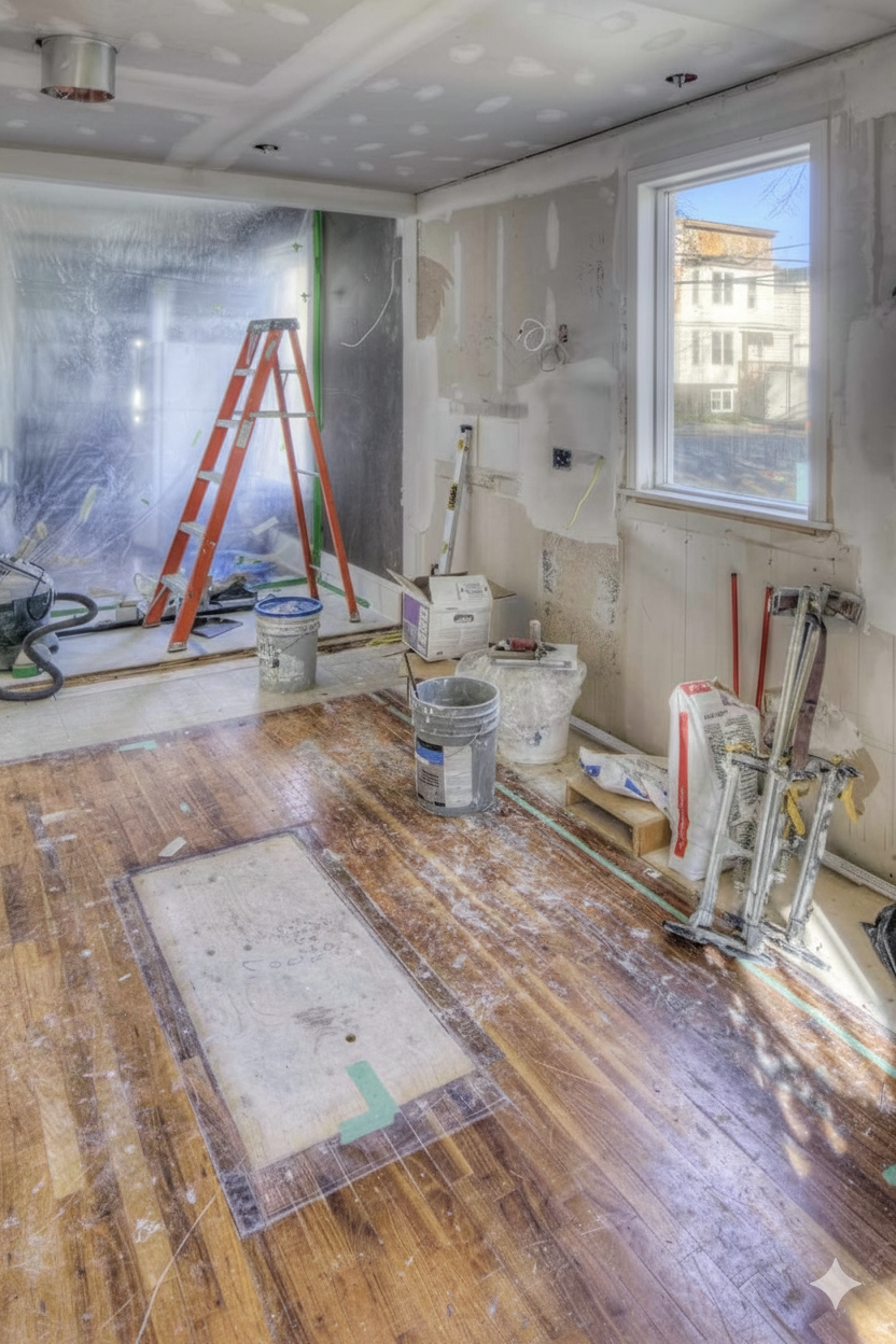 Room under renovation with ladder, exposed walls, and hardwood floor.