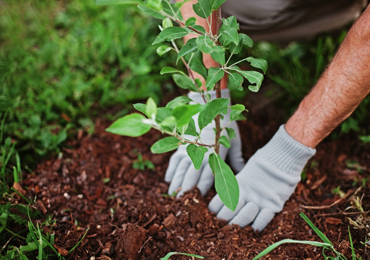 Person planting a small tree in soil, wearing gloves.