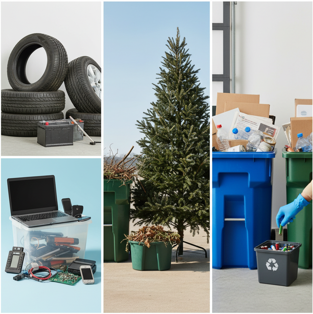 Composite of items for recycling: tires, batteries, Christmas tree, paper, electronics, and plastic.