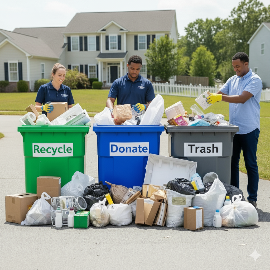 People sorting items into recycling, donation, and trash bins in a suburban setting.
