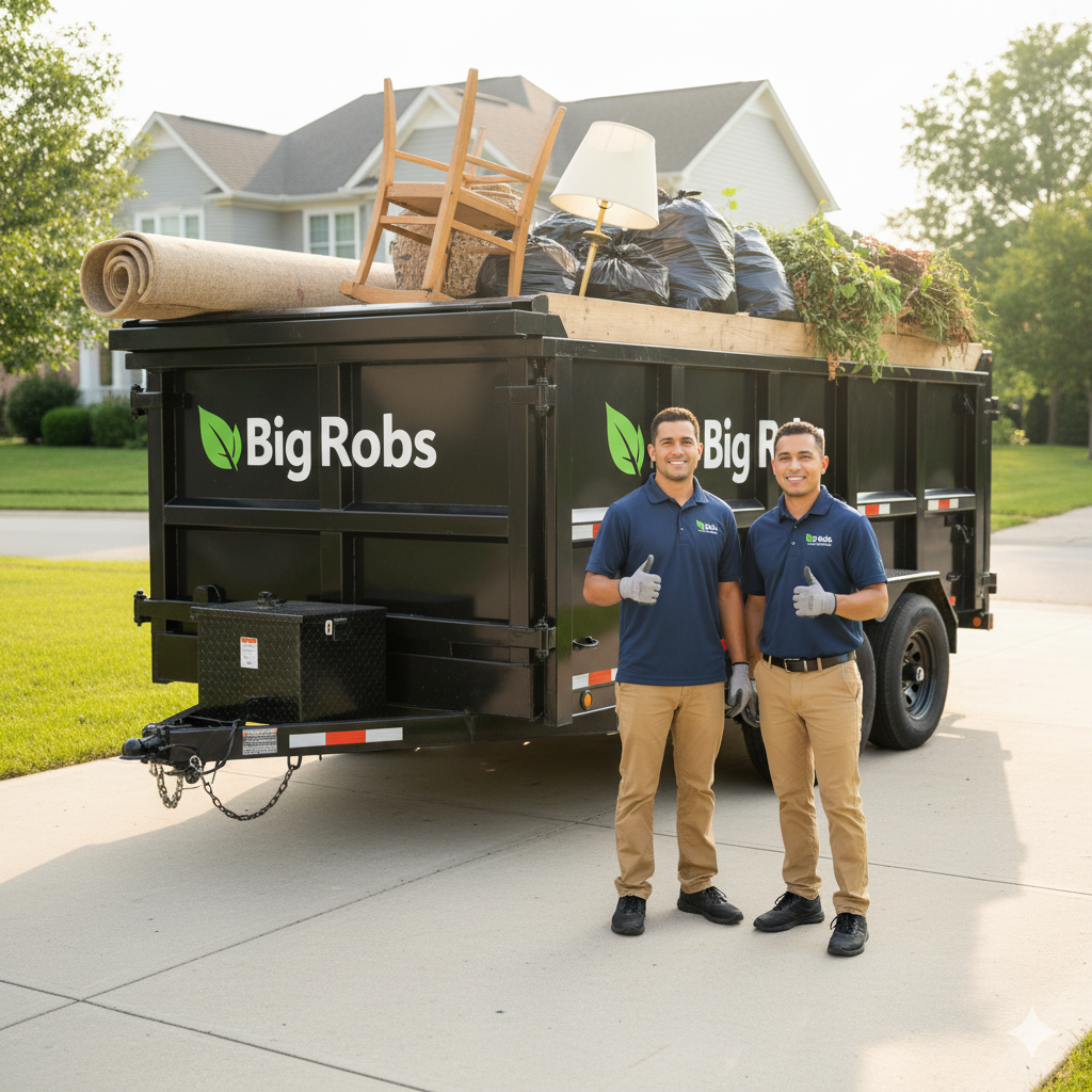 Two men give thumbs-up, standing beside a Big Robs junk removal trailer loaded with debris in front of a house.