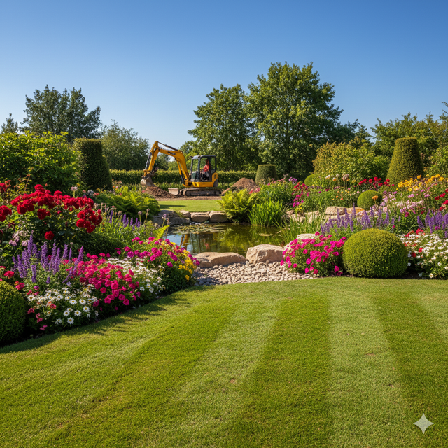 Man operating excavator in a vibrant garden with colorful flowers, a pond, and lush green lawn.