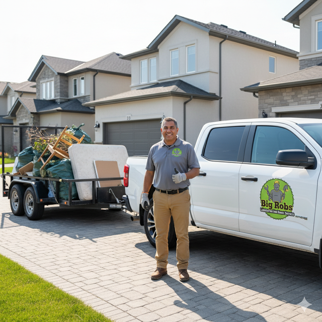 Man standing next to a white truck and trailer loaded with junk in front of houses.