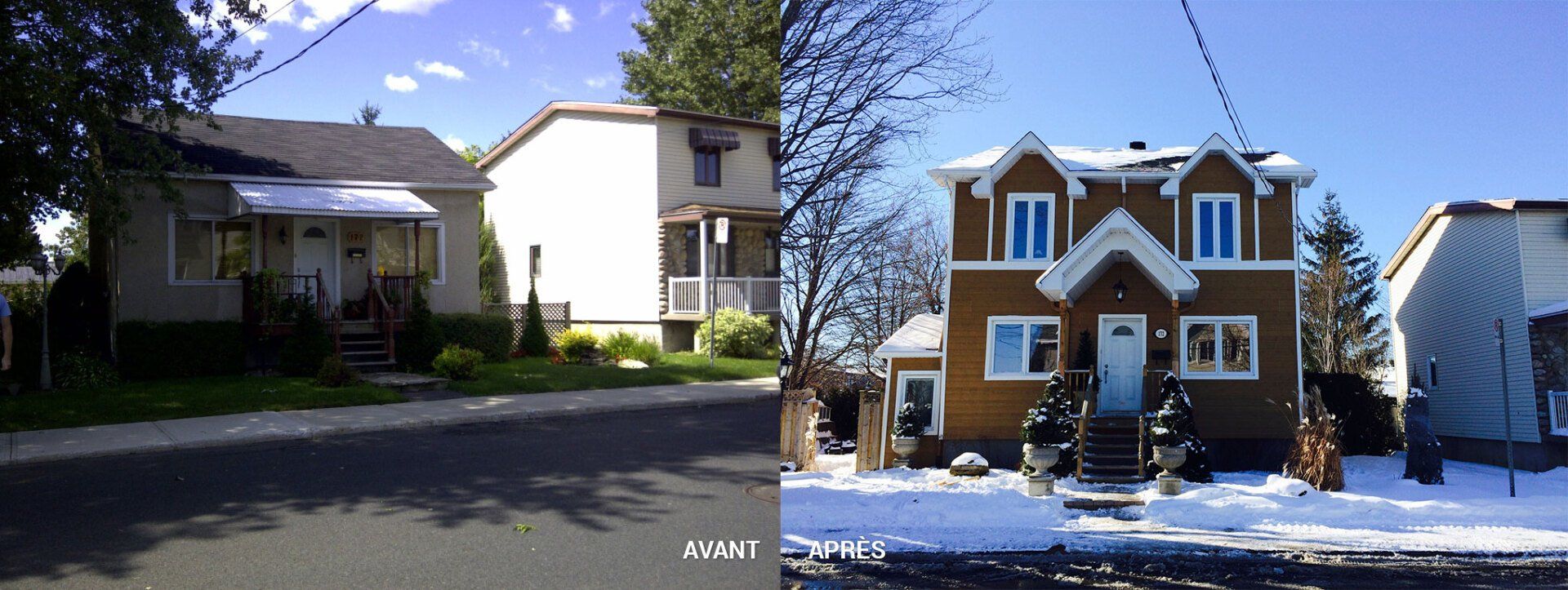 Une photo avant et après d'une maison avec de la neige au sol