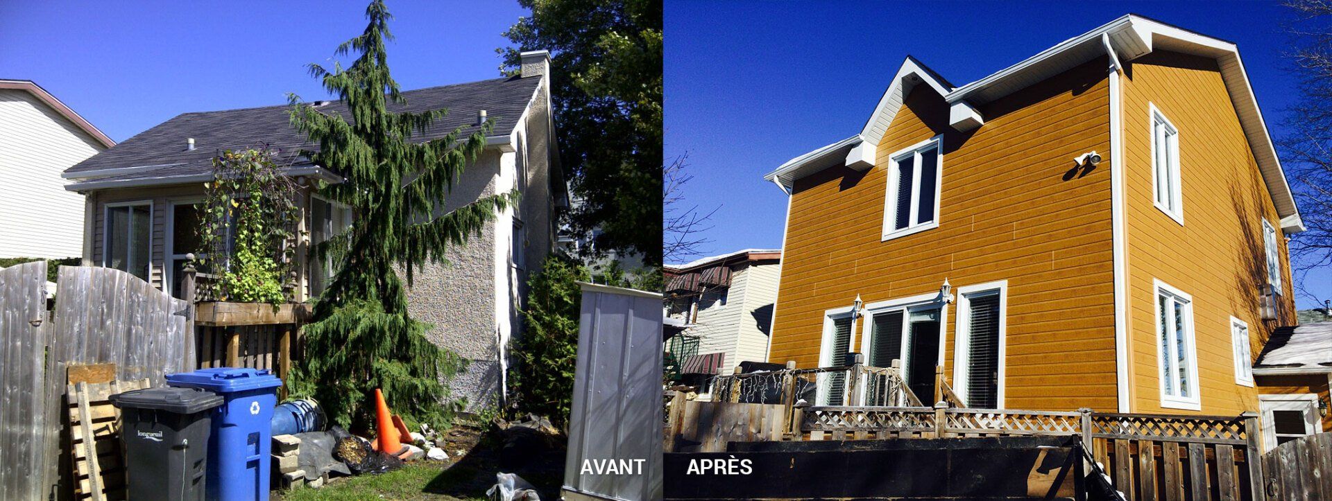 Une photo avant et après d'une maison jaune