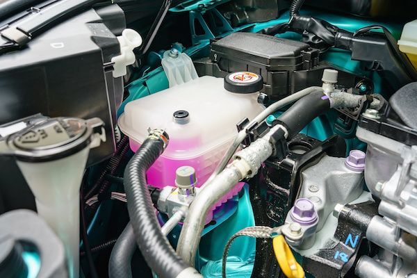 A close up of a car engine with a pink coolant tank. | Lex Brodies 