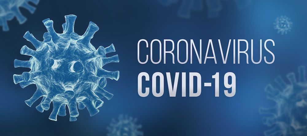 A blue background with the words `` coronavirus covid-19 '' and a picture of a virus. | Lex Brodies