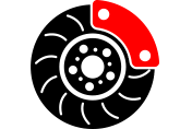 A black and white icon of a brake disc with a red pad. | Lex Brodies 