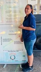 A woman in a blue shirt is standing in front of a sign. | Lex Brodies