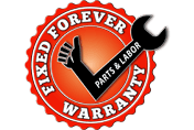 A fixed forever parts and labor warranty stamp with a hand holding a wrench. | Lex Brodies 