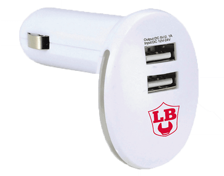 A white car charger with a lb logo on it | Lex Brodies 
