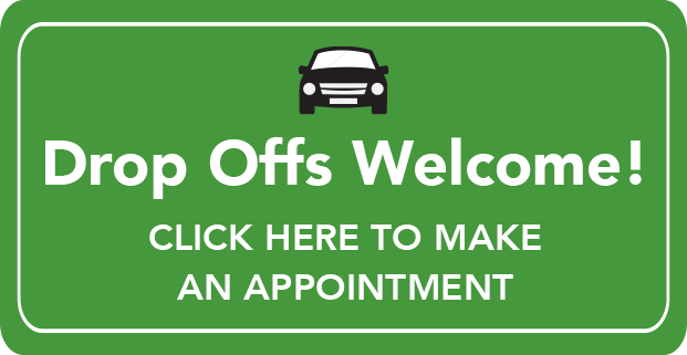 A green sign that says `` drop offs welcome ! click here to make an appointment ''. | Lex Brodies 