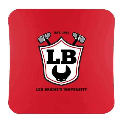 A red coaster with a logo for lex brodie 's university | Lex Brodies 