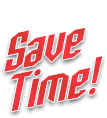 A red and white logo that says `` save time '' on a white background. | Lex Brodies