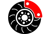 A black and white icon of a brake disc with a red pad. | Lex Brodies 