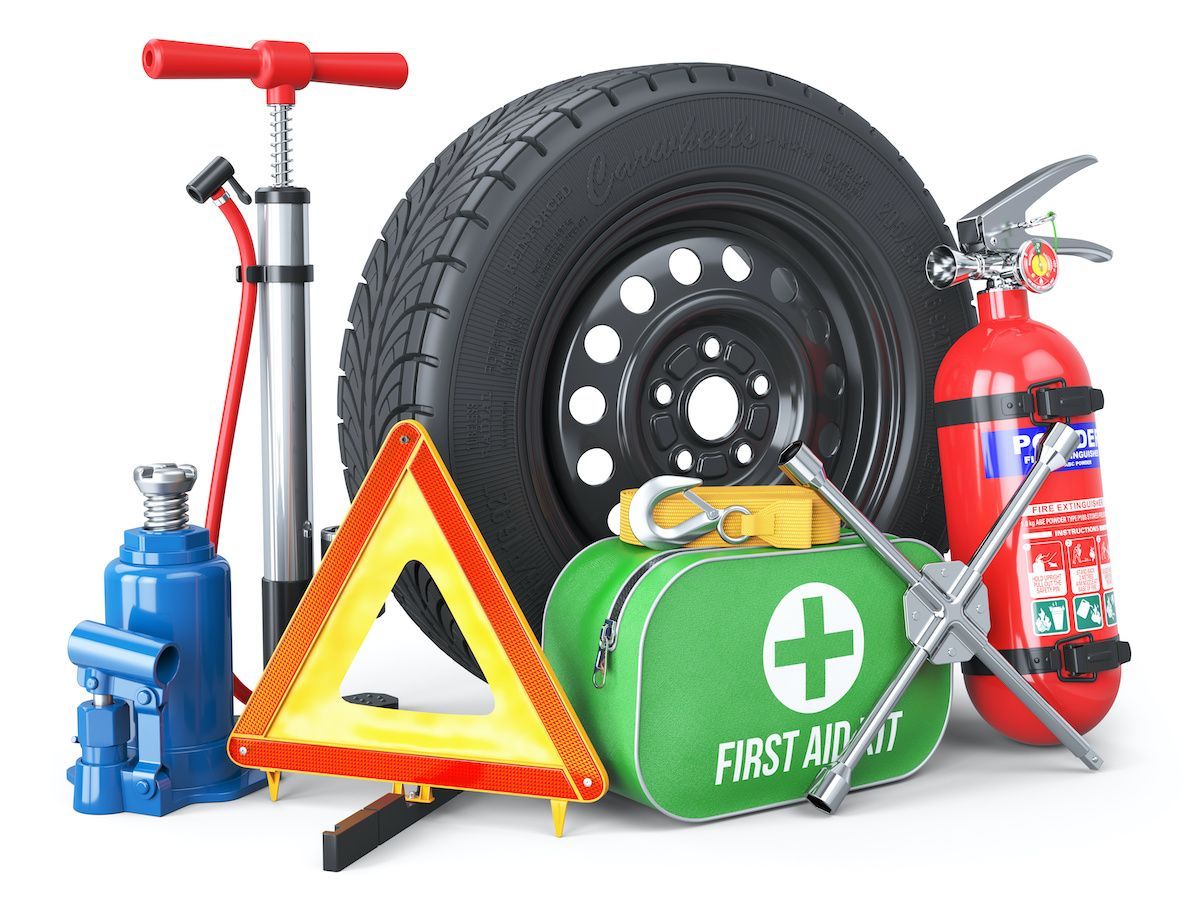 A tire , a first aid kit , a fire extinguisher , a warning triangle , and a jack. | Lex Brodies