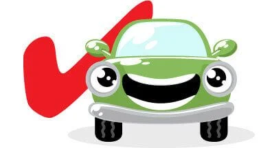 A green cartoon car with a red check mark in the background. | Lex Brodies