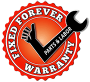 A sticker that says fixed forever parts and labor warranty | Lex Brodies