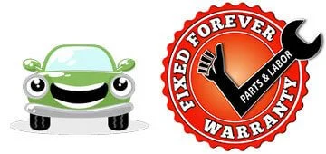 A cartoon car next to a fixed forever parts and labor warranty seal. | Lex Brodies