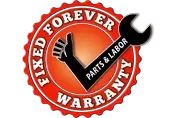 A fixed forever parts and labor warranty stamp with a hand holding a wrench. | Lex Brodies 