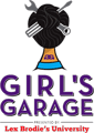 A logo for a girl 's garage with a woman 's head and wrenches in her hair | Lex Brodies