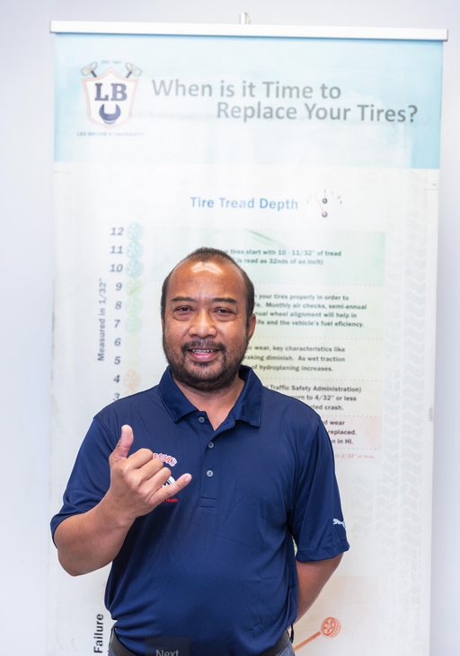 A man is standing in front of a sign that says when is it time to replace your tires | Lex Brodies 