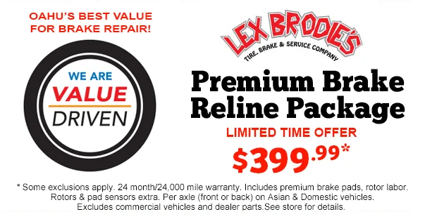 An advertisement for lex brodie 's premium brake reline package | Lex Brodies