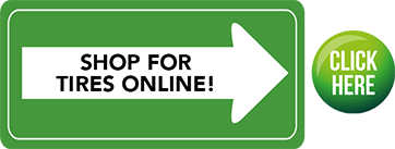 A green sign that says shop for tires online and a green button that says click here. | Lex Brodies 