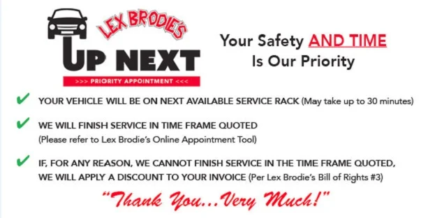 A poster for lex brookes up next that says your safety and time is our priority | Lex Brodies 