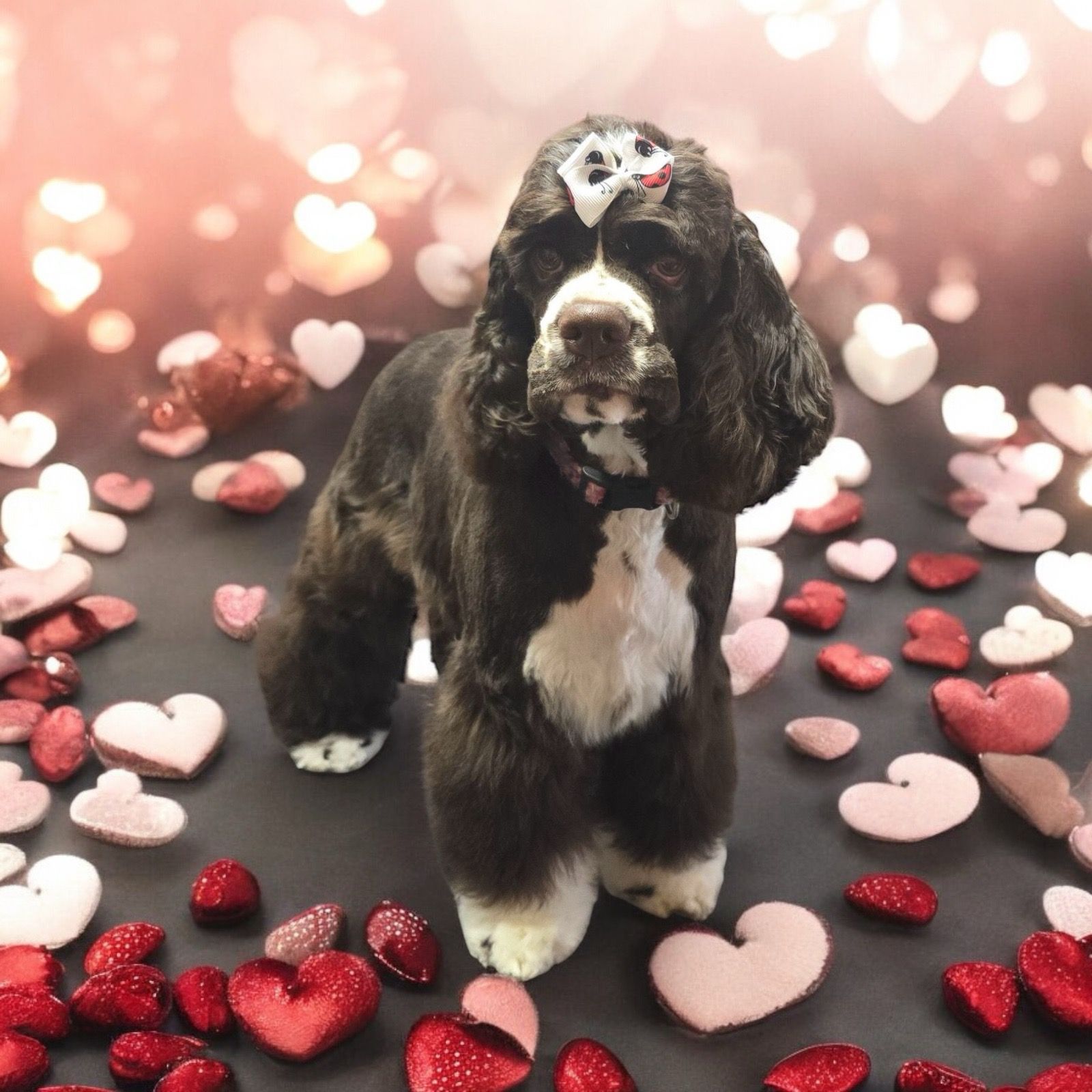 A cocker spaniel is surrounded by pink and red hearts