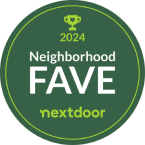 A green circle with the words `` neighborhood fave nextdoor '' on it.