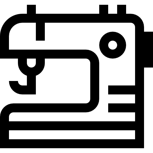 A black and white icon of a sewing machine on a white background.