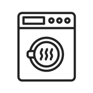 A line drawing of a washing machine with a cup of coffee inside of it.