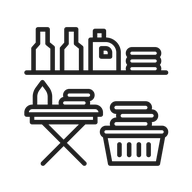 A black and white icon of a shelf with bottles and towels on it.