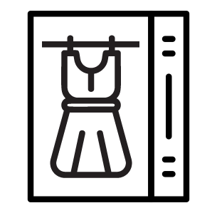 A black and white icon of a dress hanging on a clothes line.