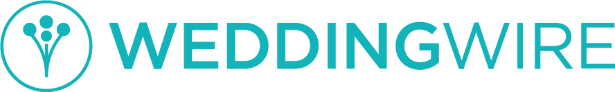 The logo for weddingwire is blue and has a flower in the middle.