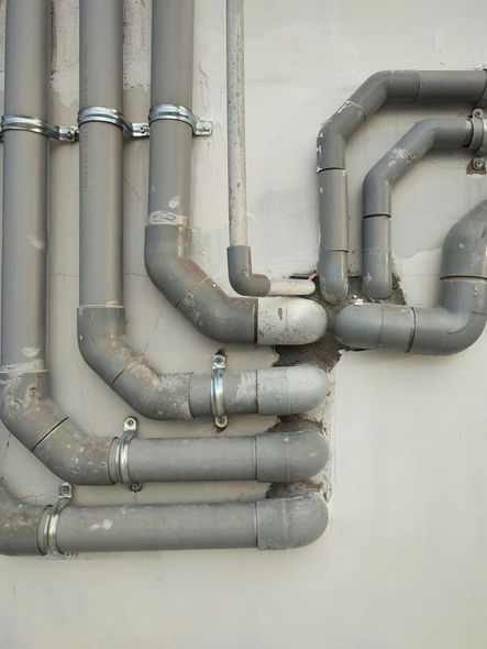 Gray PVC pipes attached to a light-colored wall, using metal clamps.