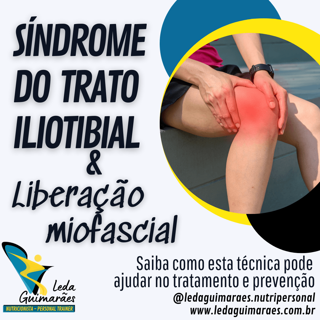 Imagem com pessoa segurando o joelho, indicando uma lesao e a frase Sindrome do trato iliotibial e liberacao miofascial