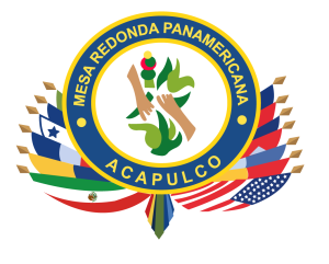 Logo for Mesa Redonda Panamericana Acapulco: Circle with text, two hands clasped, flags of various countries.