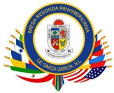 Logo of Mesa Redonda Panamericana de Garza García, N.L., with a central shield and flags of various countries.