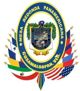 Coat of arms for Mesa Redonda Panamericana in Cosamaloapan, Veracruz, with surrounding flags of Pan American countries.