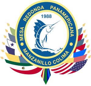 Circular logo: Blue, yellow, white. Marlin leaping; flags surround. 