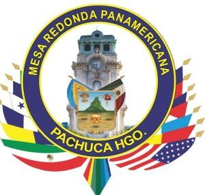 Logo of Mesa Redonda Panamericana, Pachuca Hgo. with flags and building, in blue and yellow.