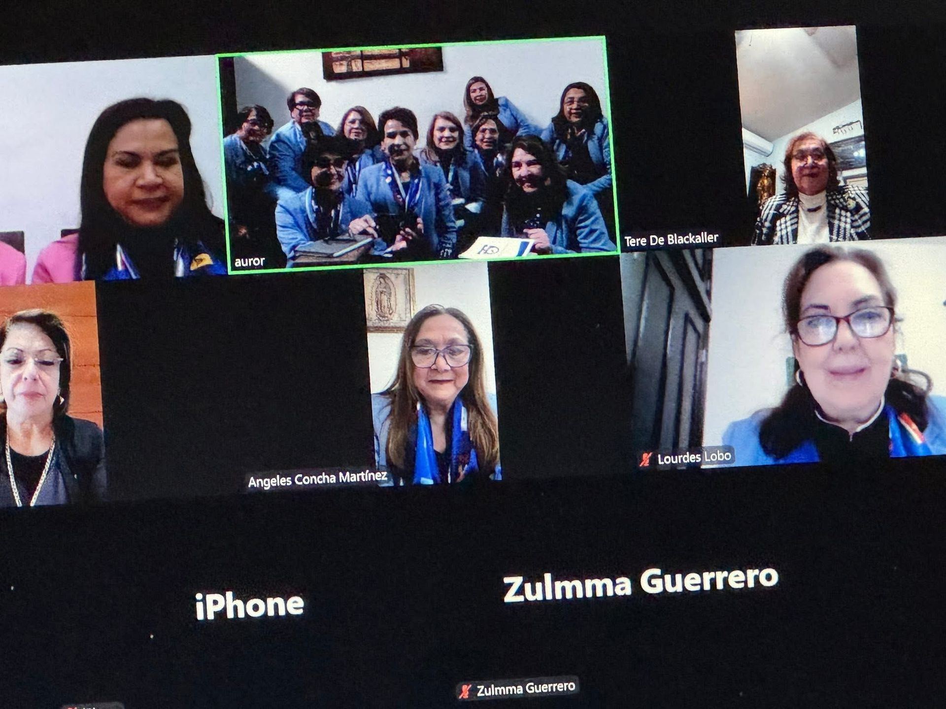 Zoom meeting: group of people, some wearing blue vests, smiling at the camera.