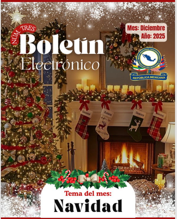 Christmas-themed electronic bulletin cover. Decorated tree, fireplace with stockings, and 