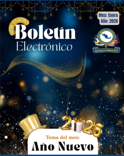 Electronic bulletin cover with Año Nuevo theme, gold accents, and 2026.