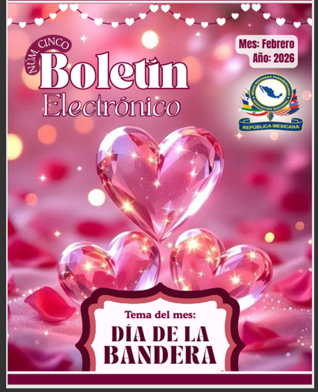 Valentine's Day themed electronic bulletin.  Cover with heart-shaped gems, rose petals, and Dia De La Bandera theme.