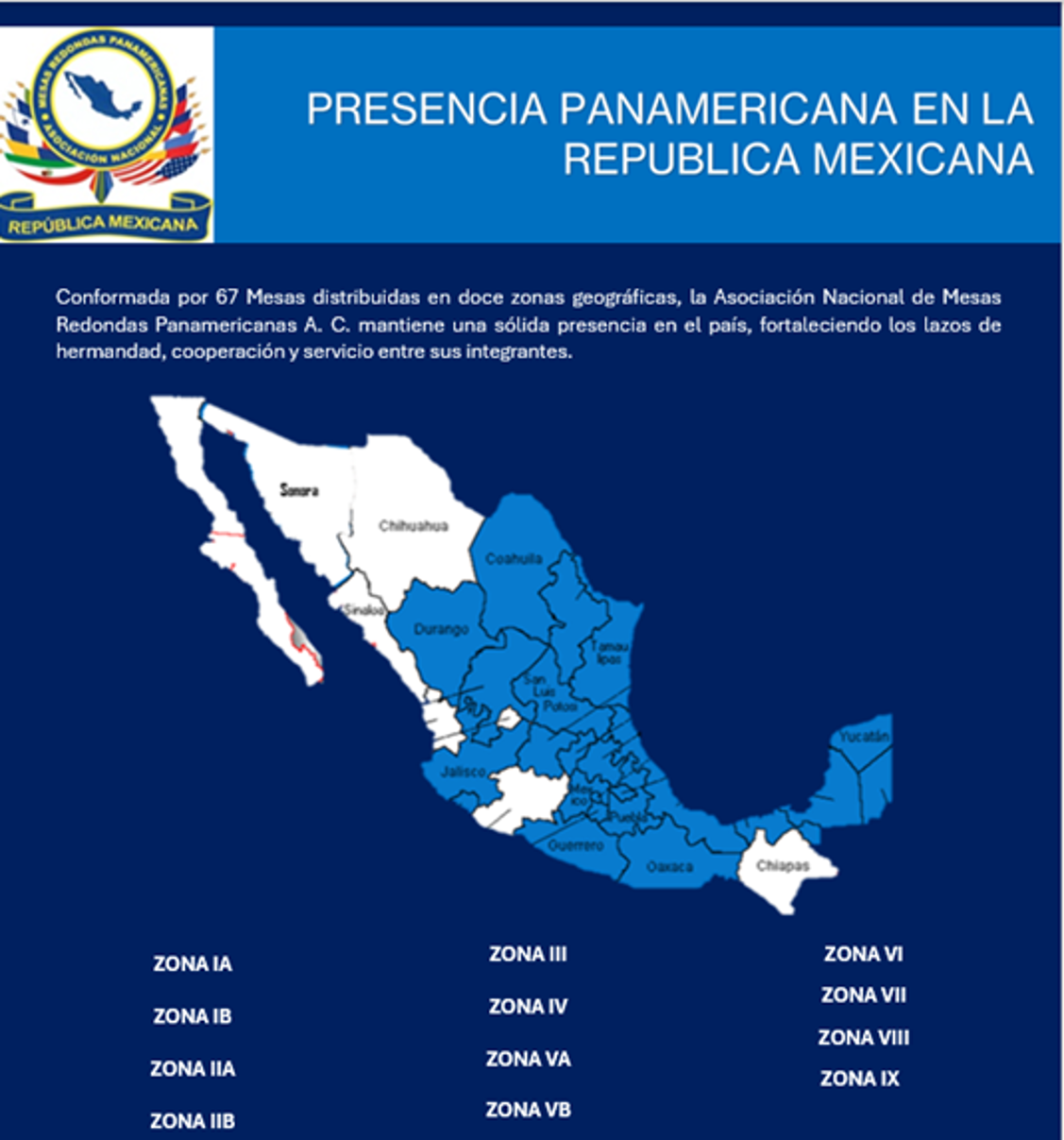 Map of Mexico highlighting zones in blue, with text 